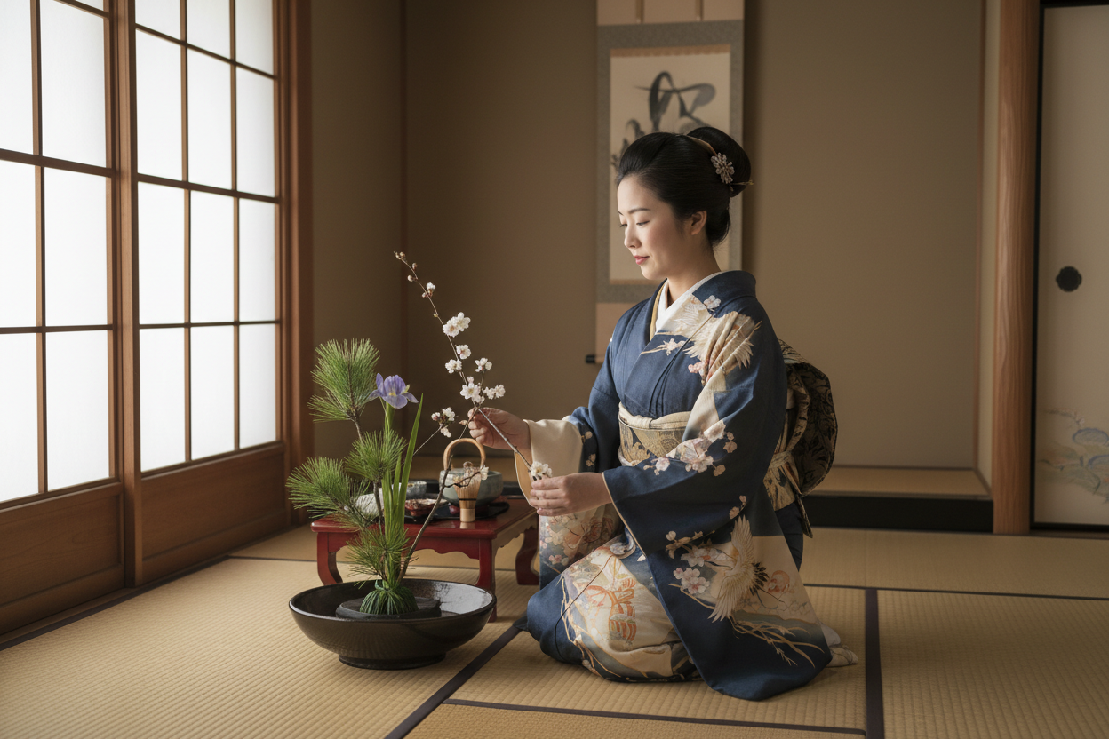 着物姿で生け花または茶道