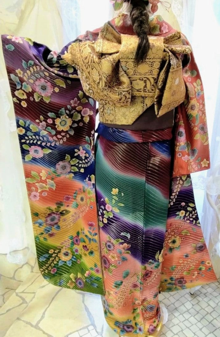 مجموعة Furisode الكاملة - Yuzen Tsujigahana المطلية بالذهب - Nishijin Obi - توقيع الفنان (Rakkan) - عرض الكم 68 سم