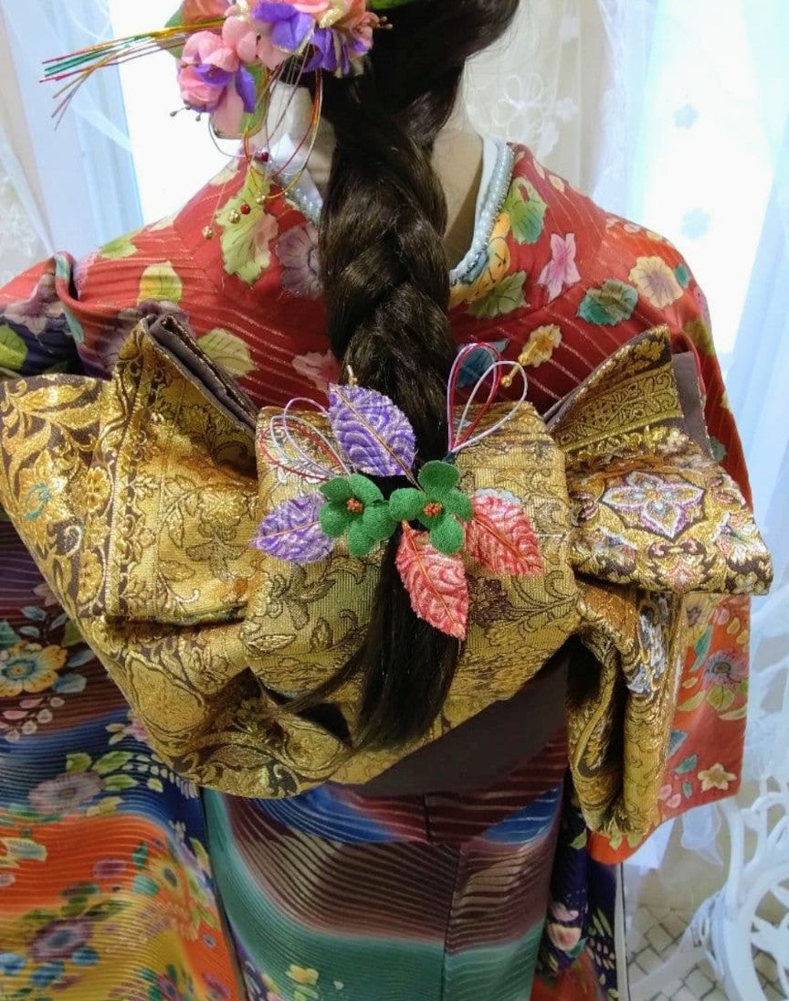 مجموعة Furisode الكاملة - Yuzen Tsujigahana المطلية بالذهب - Nishijin Obi - توقيع الفنان (Rakkan) - عرض الكم 68 سم