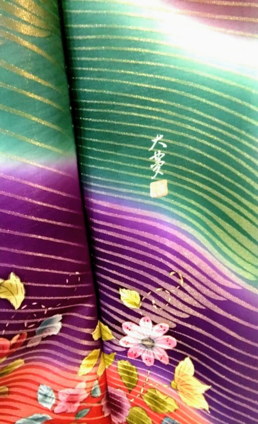 مجموعة Furisode الكاملة - Yuzen Tsujigahana المطلية بالذهب - Nishijin Obi - توقيع الفنان (Rakkan) - عرض الكم 68 سم