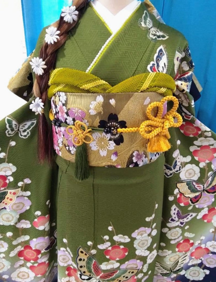 طقم فوريسود كامل - حرير خالص - تدرج لوني من الأخضر الماتشا والبنفسجي الباذنجاني - حزام نيشيجين أوبي - معالج بتقنية الحماية - عرض الكم 69 سم