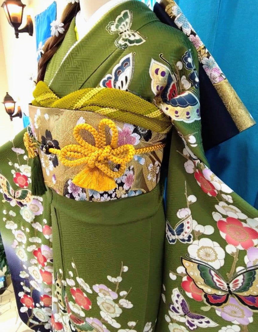 طقم فوريسود كامل - حرير خالص - تدرج لوني من الأخضر الماتشا والبنفسجي الباذنجاني - حزام نيشيجين أوبي - معالج بتقنية الحماية - عرض الكم 69 سم