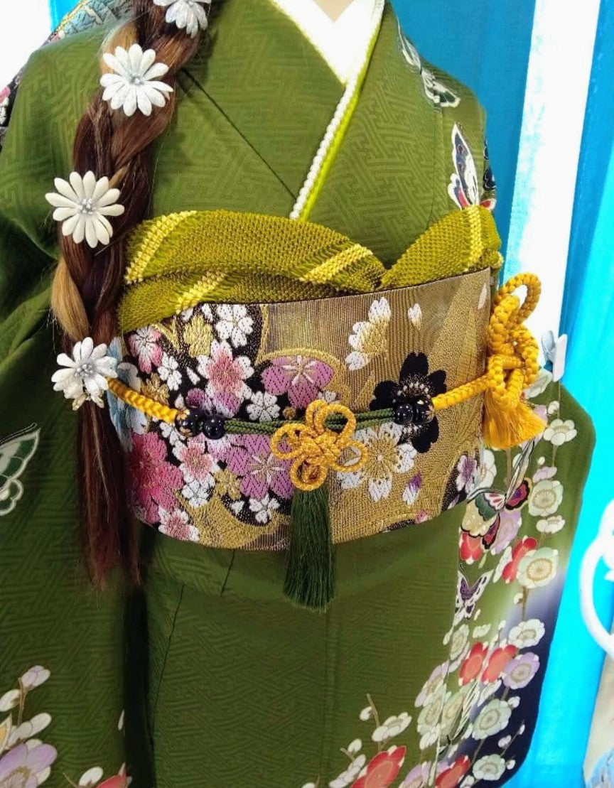 طقم فوريسود كامل - حرير خالص - تدرج لوني من الأخضر الماتشا والبنفسجي الباذنجاني - حزام نيشيجين أوبي - معالج بتقنية الحماية - عرض الكم 69 سم