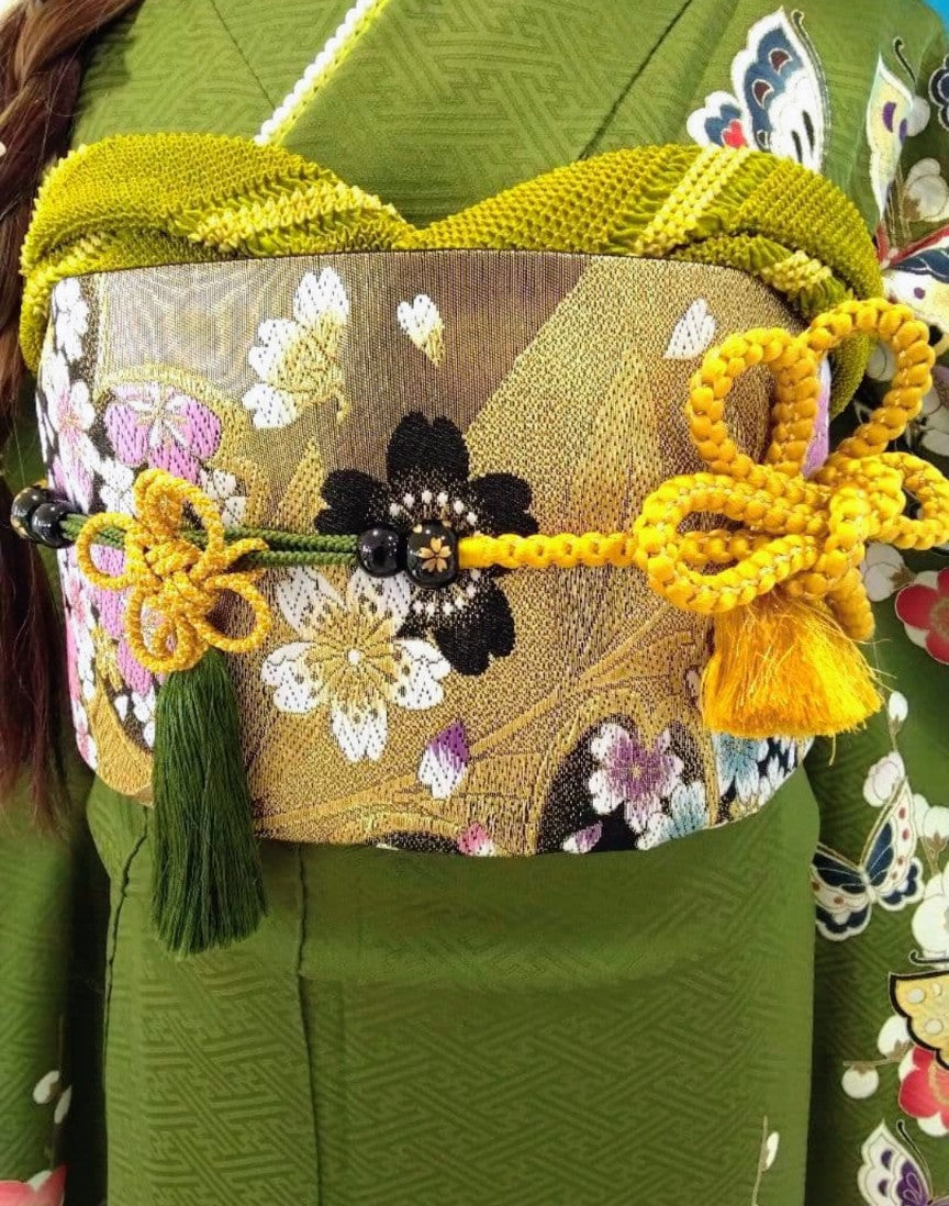 طقم فوريسود كامل - حرير خالص - تدرج لوني من الأخضر الماتشا والبنفسجي الباذنجاني - حزام نيشيجين أوبي - معالج بتقنية الحماية - عرض الكم 69 سم