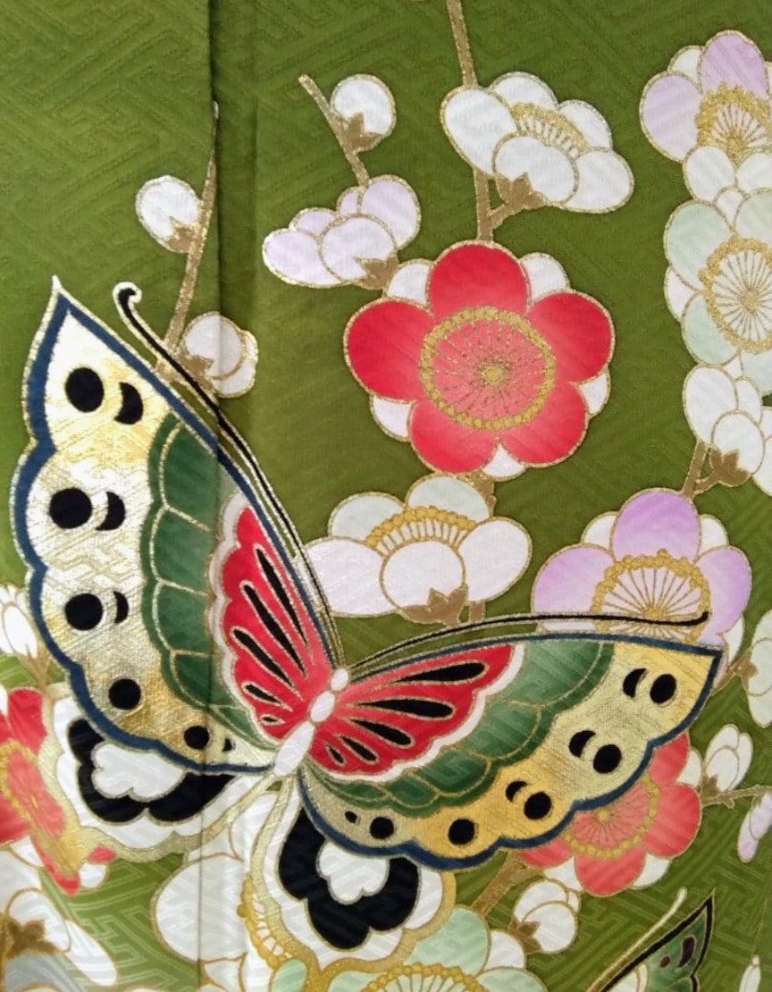 طقم فوريسود كامل - حرير خالص - تدرج لوني من الأخضر الماتشا والبنفسجي الباذنجاني - حزام نيشيجين أوبي - معالج بتقنية الحماية - عرض الكم 69 سم