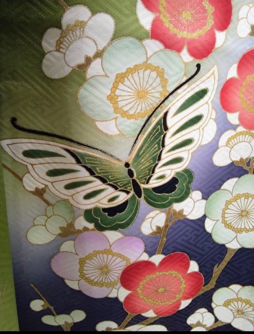 طقم فوريسود كامل - حرير خالص - تدرج لوني من الأخضر الماتشا والبنفسجي الباذنجاني - حزام نيشيجين أوبي - معالج بتقنية الحماية - عرض الكم 69 سم