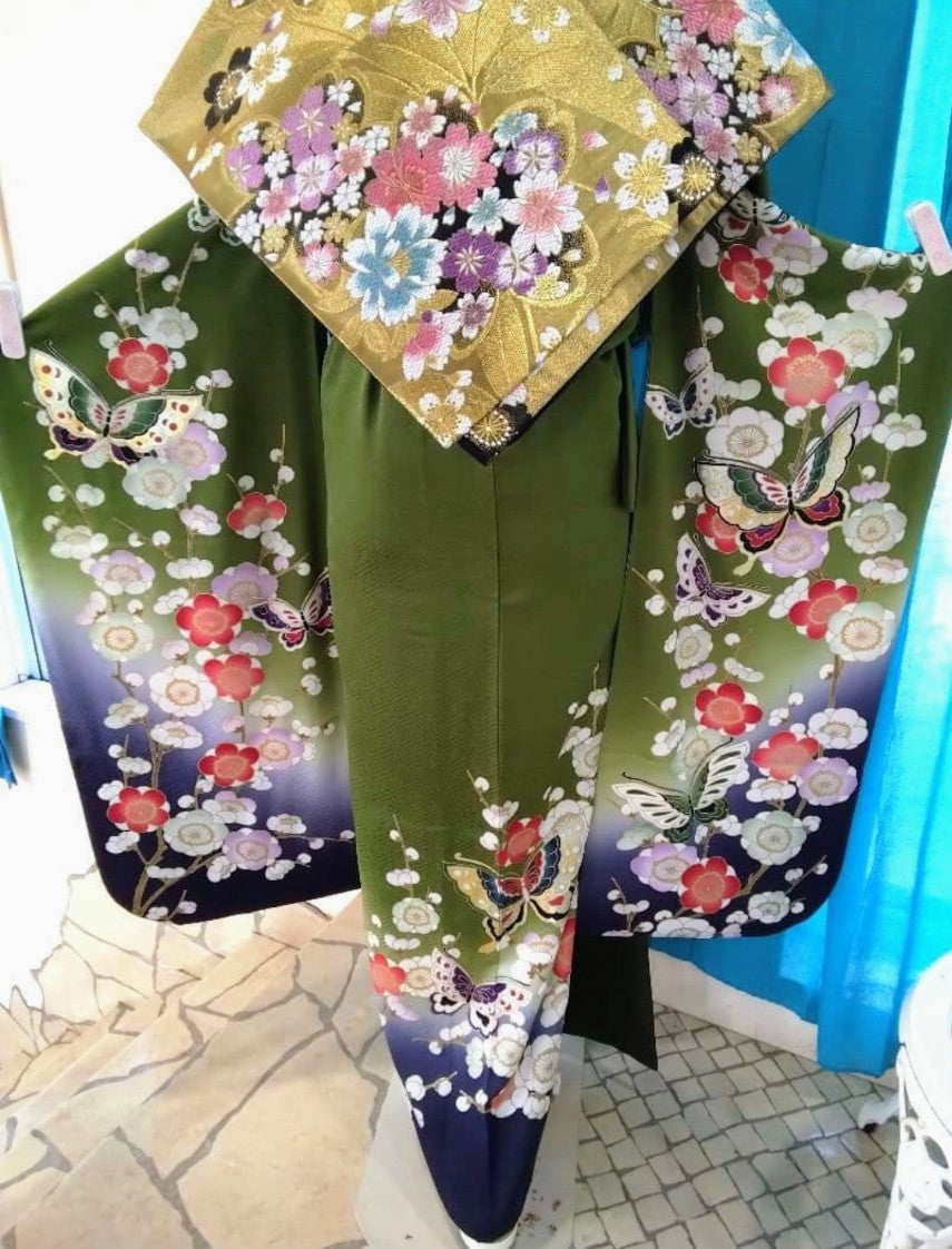 طقم فوريسود كامل - حرير خالص - تدرج لوني من الأخضر الماتشا والبنفسجي الباذنجاني - حزام نيشيجين أوبي - معالج بتقنية الحماية - عرض الكم 69 سم