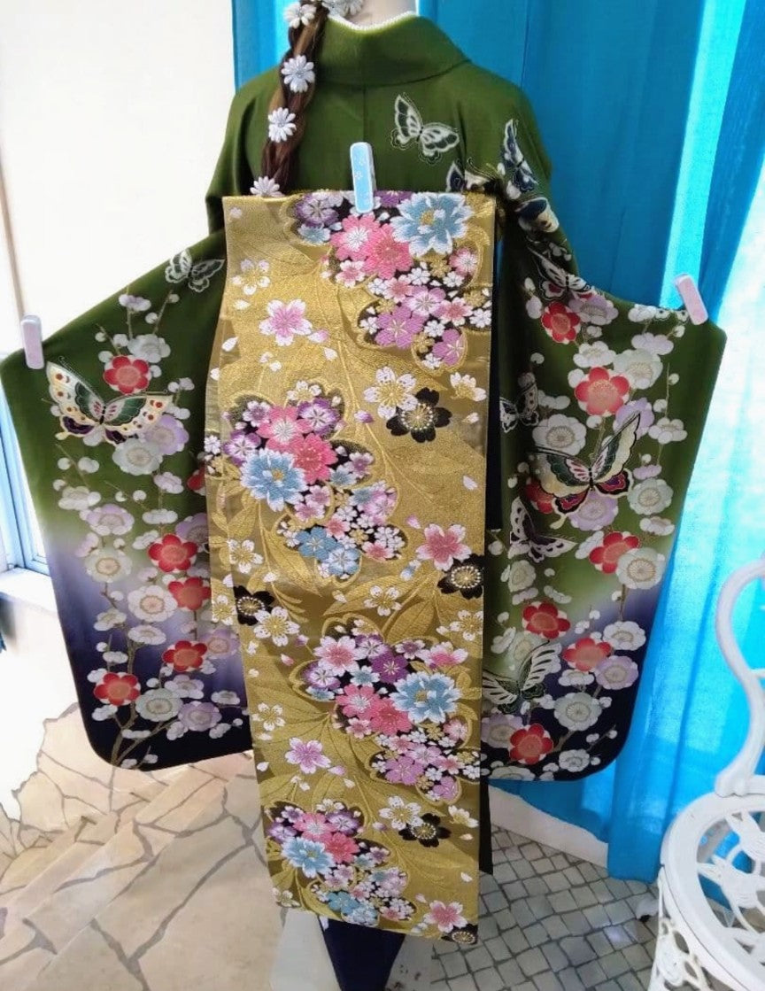 طقم فوريسود كامل - حرير خالص - تدرج لوني من الأخضر الماتشا والبنفسجي الباذنجاني - حزام نيشيجين أوبي - معالج بتقنية الحماية - عرض الكم 69 سم