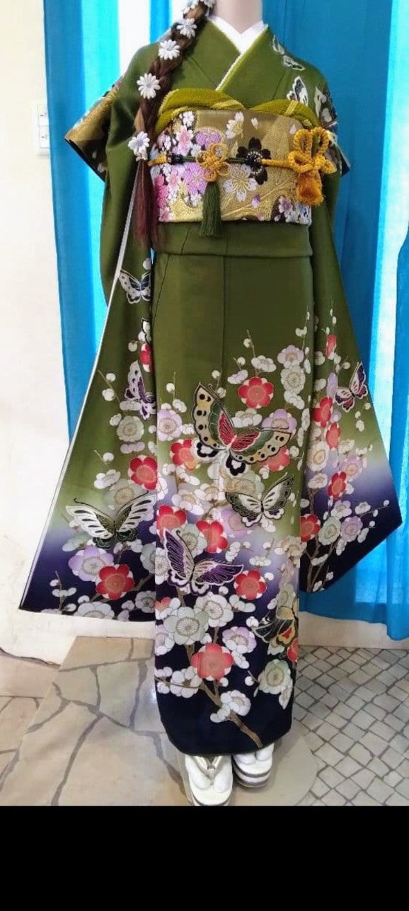 طقم فوريسود كامل - حرير خالص - تدرج لوني من الأخضر الماتشا والبنفسجي الباذنجاني - حزام نيشيجين أوبي - معالج بتقنية الحماية - عرض الكم 69 سم