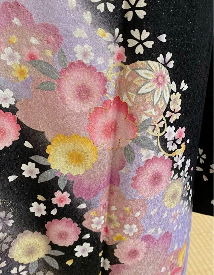 Black Furisode Set with Floral Lamé - Pure Silk - Tall & Relaxed Fit