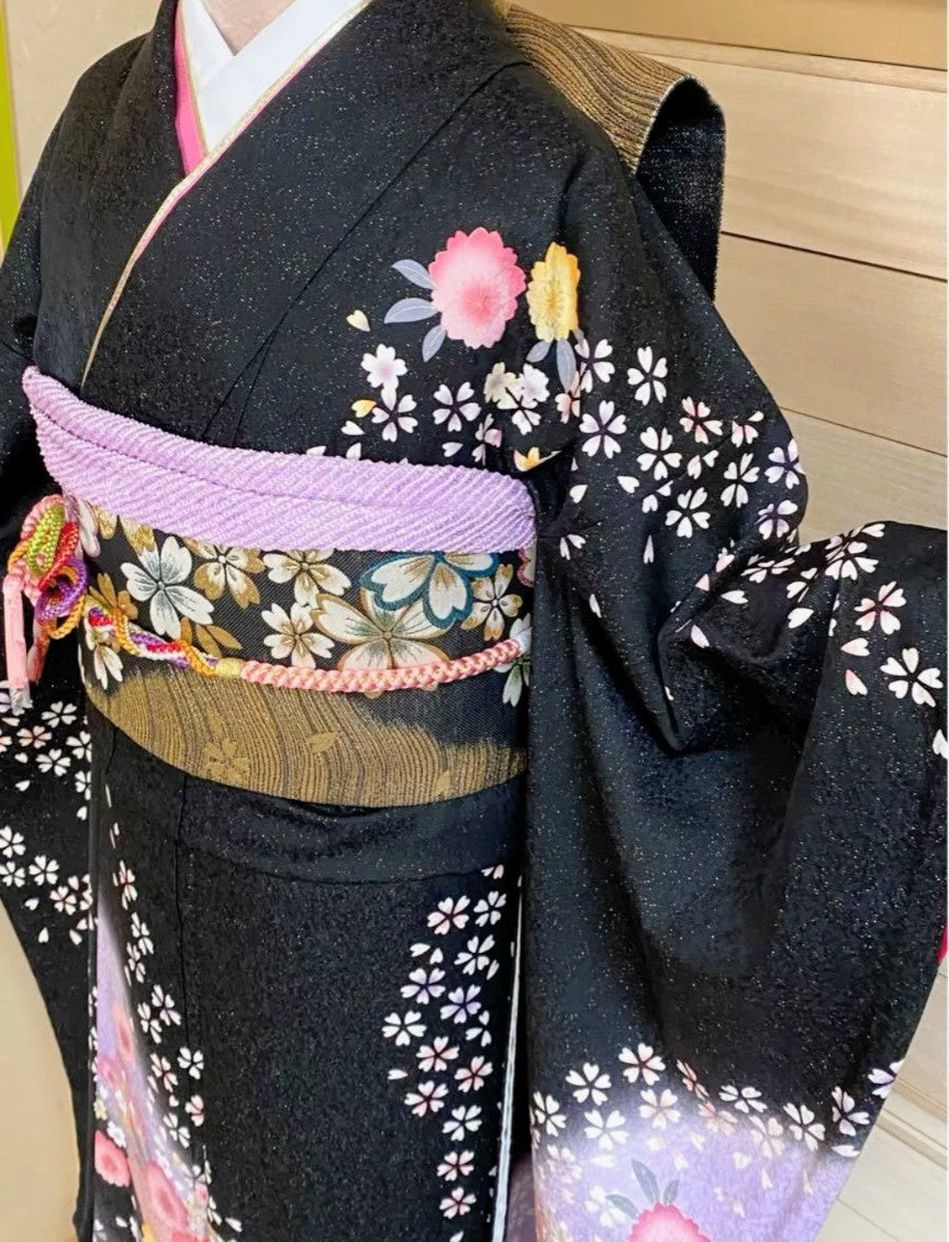 Black Furisode Set with Floral Lamé - Pure Silk - Tall & Relaxed Fit