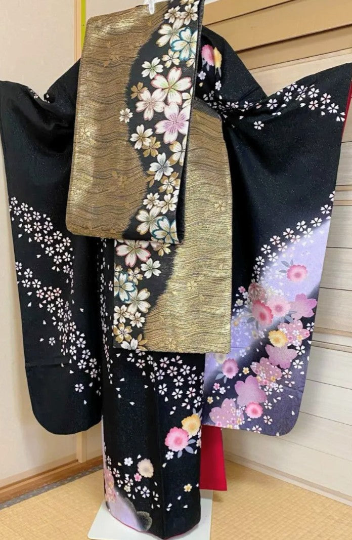 Black Furisode Set with Floral Lamé - Pure Silk - Tall & Relaxed Fit