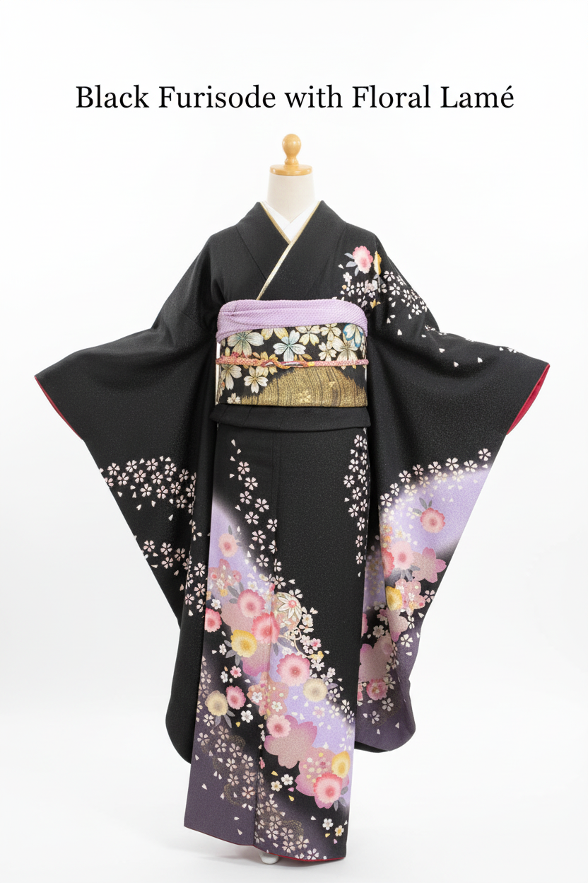 Black Furisode with Floral Lamé