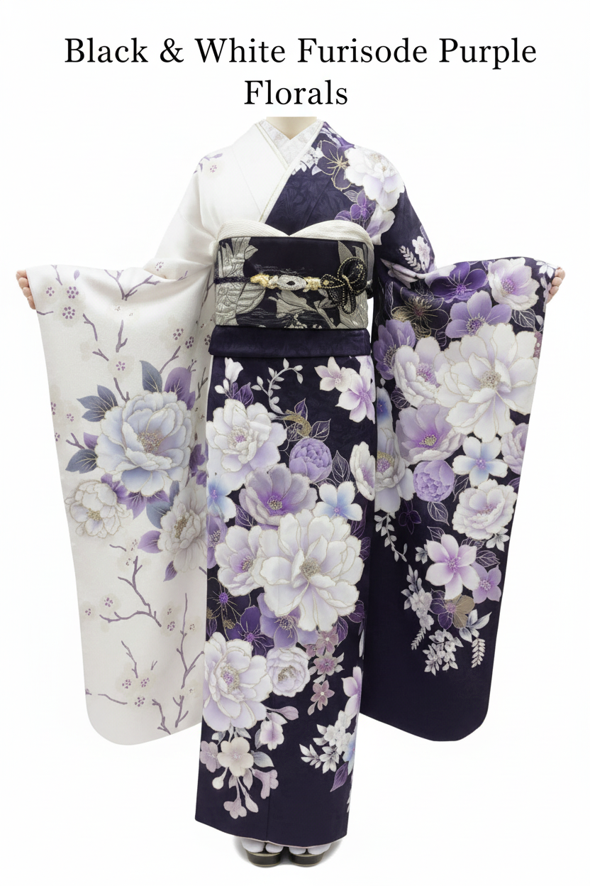 Black & White Furisode Purple Florals