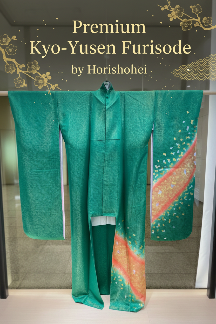 Premium Kyo-Yuzen Furisode by Horishohei - Green Classic Pattern with Tsuzure Obi