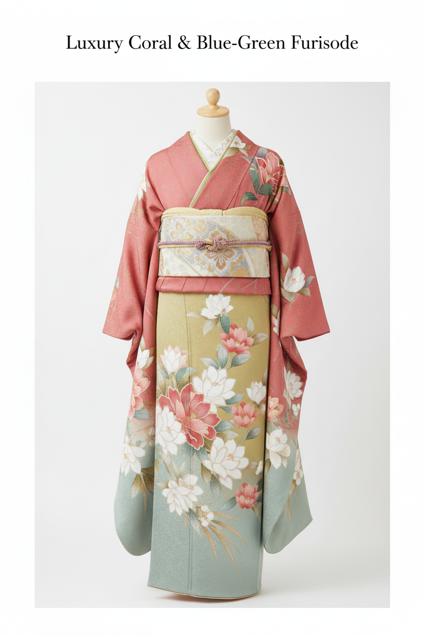 Luxury Coral & Blue-Green Furisode