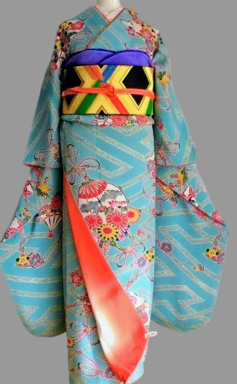 Pure Silk Furisode 9-Piece Complete Set - Fukiwata Padded Blue Chirimen