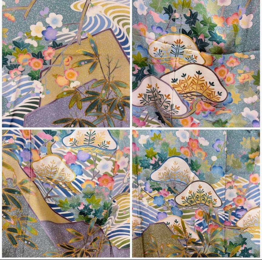 Kyo-Yuzen Houmongi Kimono من Shiratori Eisetsu - حرير أخضر مع لمسات ذهبية ومجموعة Nishijin Obi