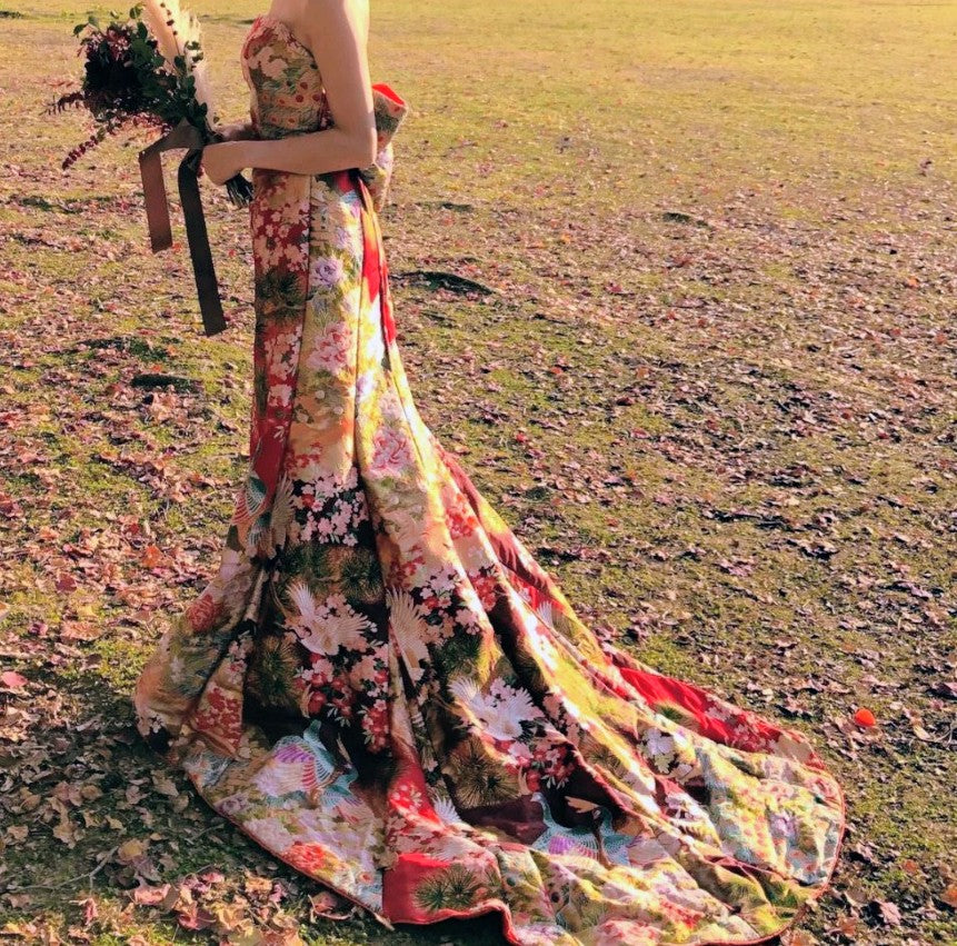 Furisode Remake Dress - Vibrant Japanese Kimono Fabric Halter Neck with Back Ribbon - Pre-Owned