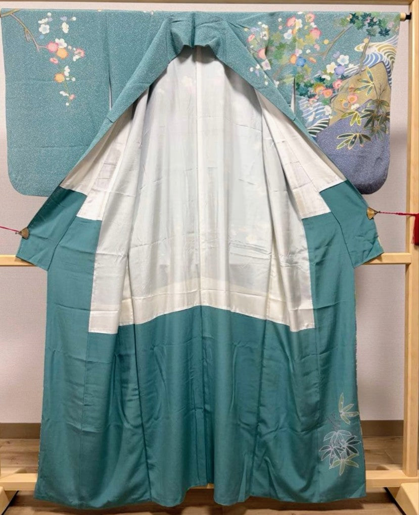 Kyo-Yuzen Houmongi Kimono من Shiratori Eisetsu - حرير أخضر مع لمسات ذهبية ومجموعة Nishijin Obi