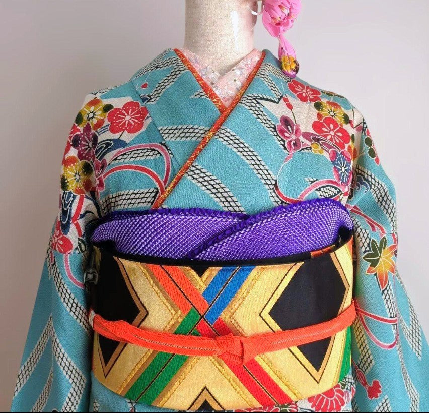 Pure Silk Furisode 9-Piece Complete Set - Fukiwata Padded Blue Chirimen