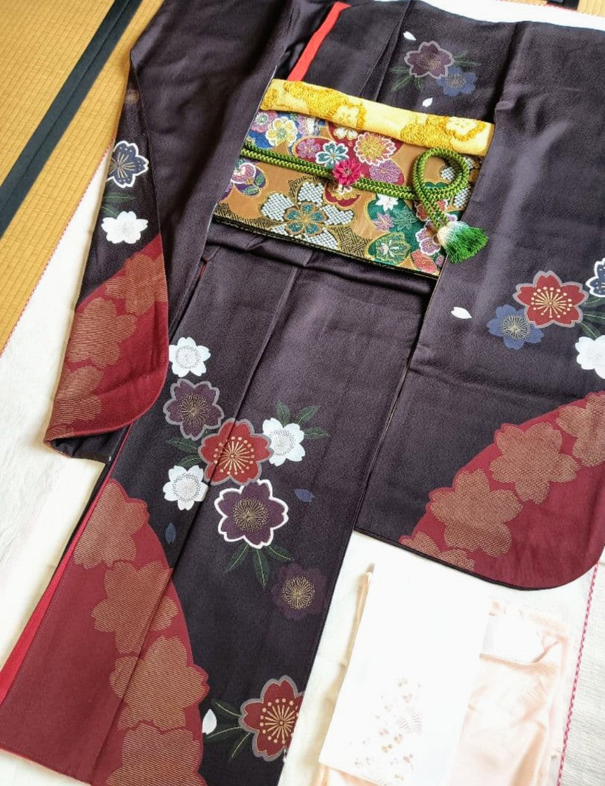 Modern Sakura Furisode Full Set - Navy Purple & Crimson - Authentic Silk - Pre-owned