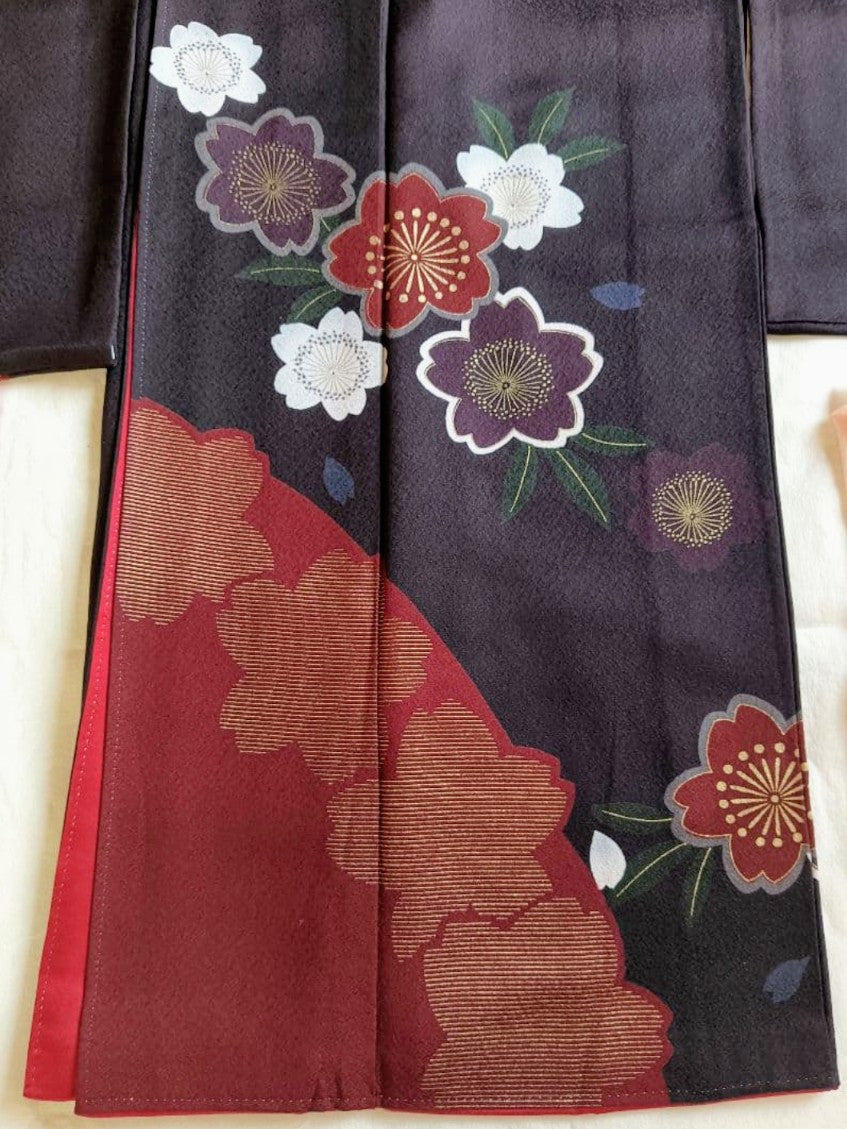Modern Sakura Furisode Full Set - Navy Purple & Crimson - Authentic Silk - Pre-owned
