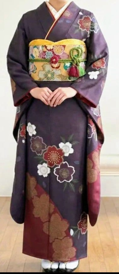 Modern Sakura Furisode Full Set - Navy Purple & Crimson - Authentic Silk - Pre-owned
