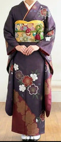 Modern Sakura Furisode Full Set - Navy Purple & Crimson - Authentic Silk - Pre-owned