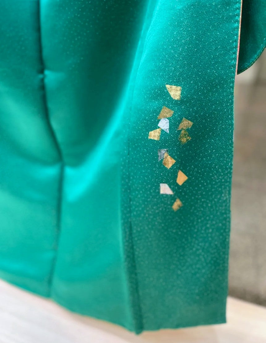 Premium Kyo-Yuzen Furisode by Horishohei - Green Classic Pattern with Tsuzure Obi