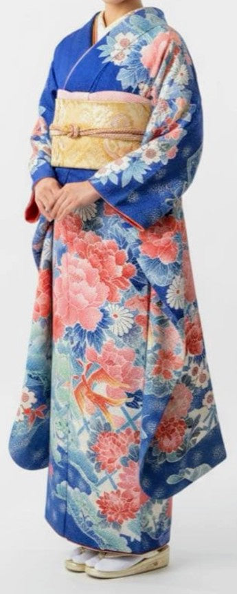 Fujimusume Kinutaya Blue Shibori Furisode & Shosoin Nishijin Obi Set - Vintage Ceremonial Kimono