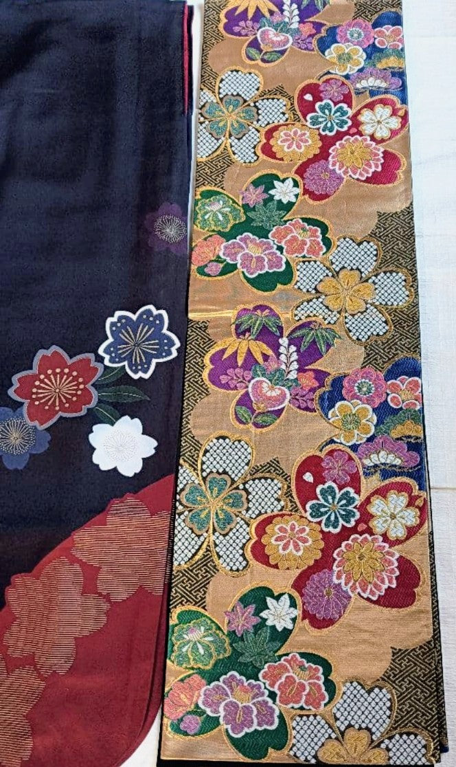 Modern Sakura Furisode Full Set - Navy Purple & Crimson - Authentic Silk - Pre-owned