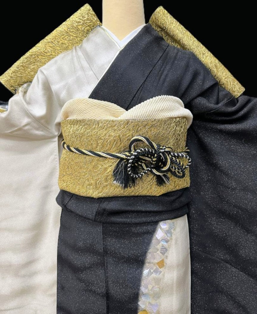 Hori Shohei Furisode Full Set - Champagne Gold & Black with Gold Leaf - Pre-Owned