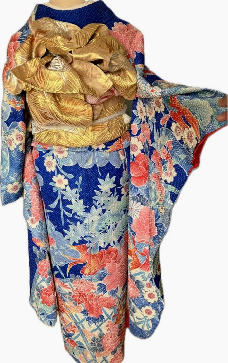 Fujimusume Kinutaya Blue Shibori Furisode & Shosoin Nishijin Obi Set - Vintage Ceremonial Kimono
