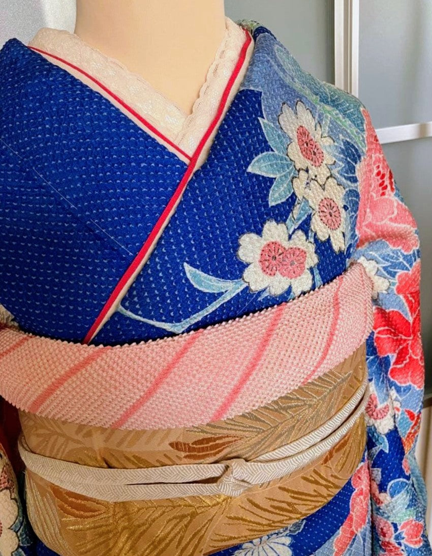 Fujimusume Kinutaya Blue Shibori Furisode & Shosoin Nishijin Obi Set - Vintage Ceremonial Kimono