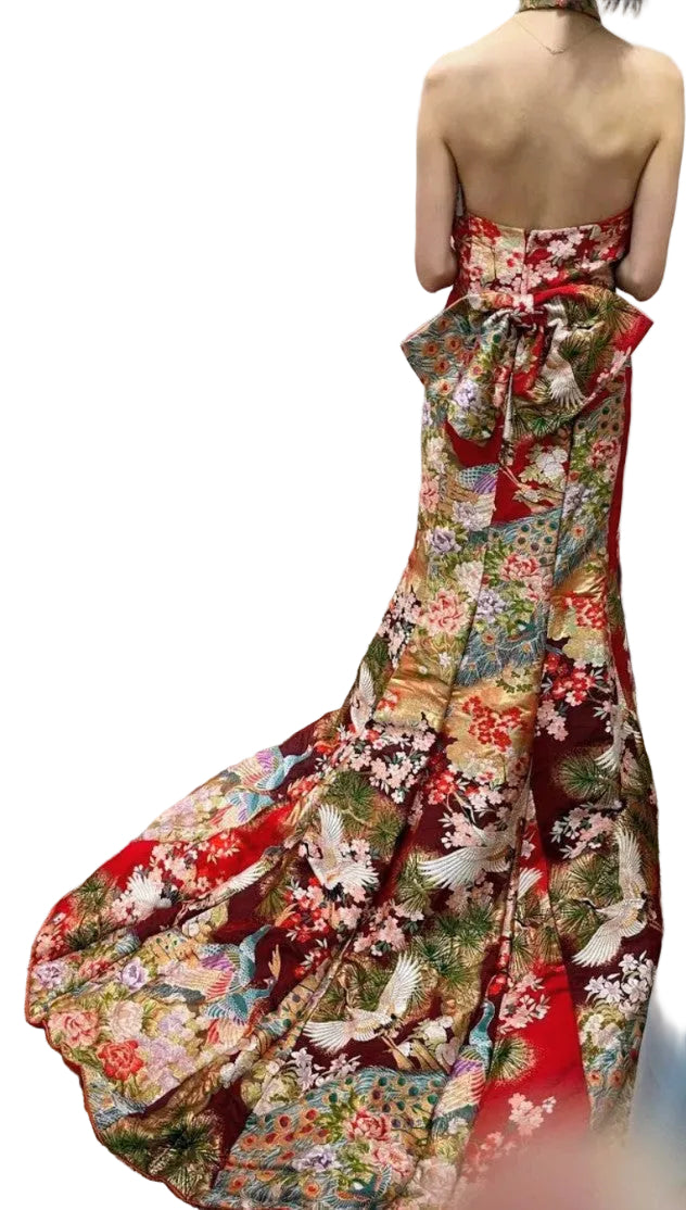 Furisode Remake Dress - Vibrant Japanese Kimono Fabric Halter Neck with Back Ribbon - Pre-Owned