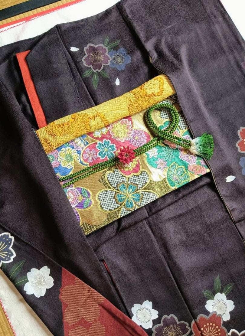 Modern Sakura Furisode Full Set - Navy Purple & Crimson - Authentic Silk - Pre-owned