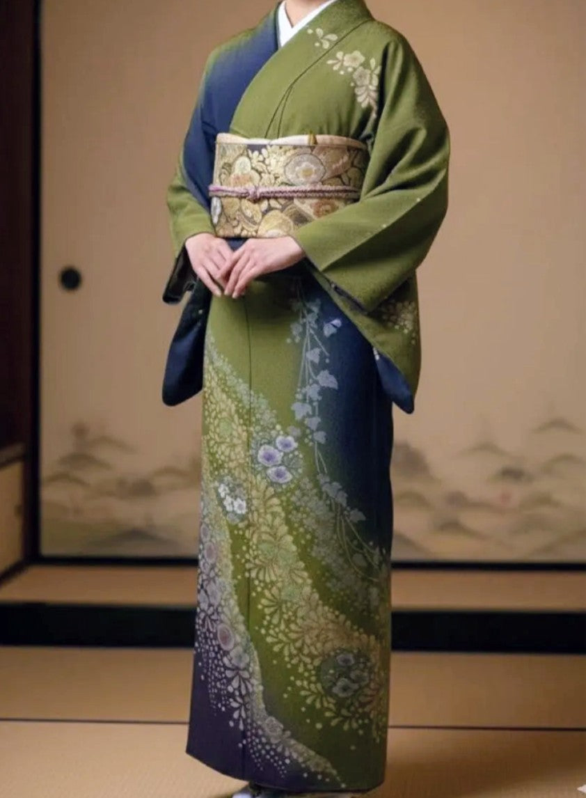 Tsujigahana Houmongi Kimono & Fukuro Obi Set - Authentic Silk - Pre-owned