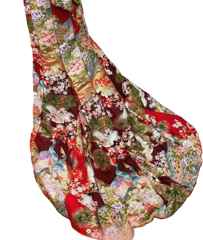 Furisode Remake Dress - Vibrant Japanese Kimono Fabric Halter Neck with Back Ribbon - Pre-Owned