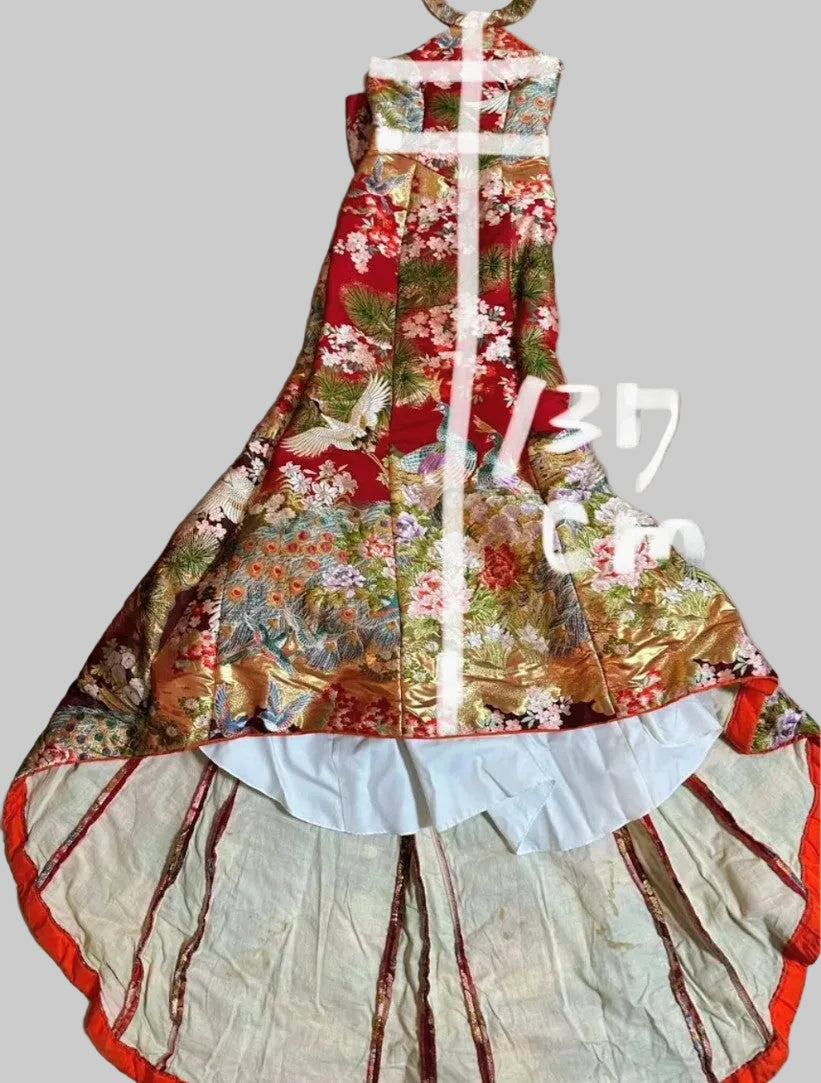 Furisode Remake Dress - Vibrant Japanese Kimono Fabric Halter Neck with Back Ribbon - Pre-Owned
