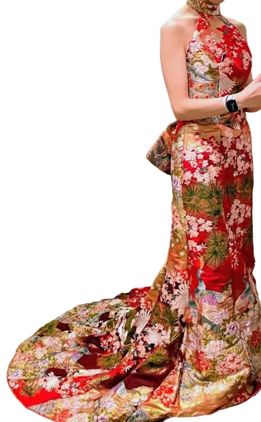 Furisode Remake Dress - Vibrant Japanese Kimono Fabric Halter Neck with Back Ribbon - Pre-Owned