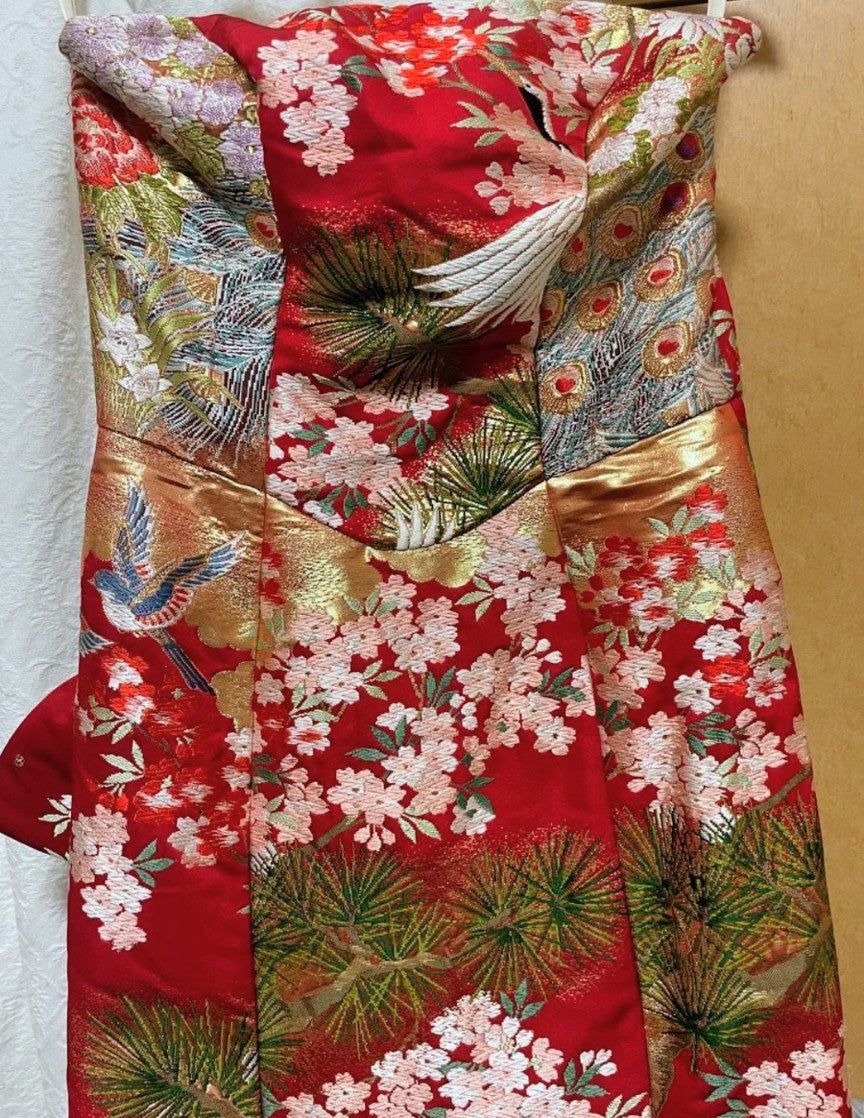Furisode Remake Dress - Vibrant Japanese Kimono Fabric Halter Neck with Back Ribbon - Pre-Owned