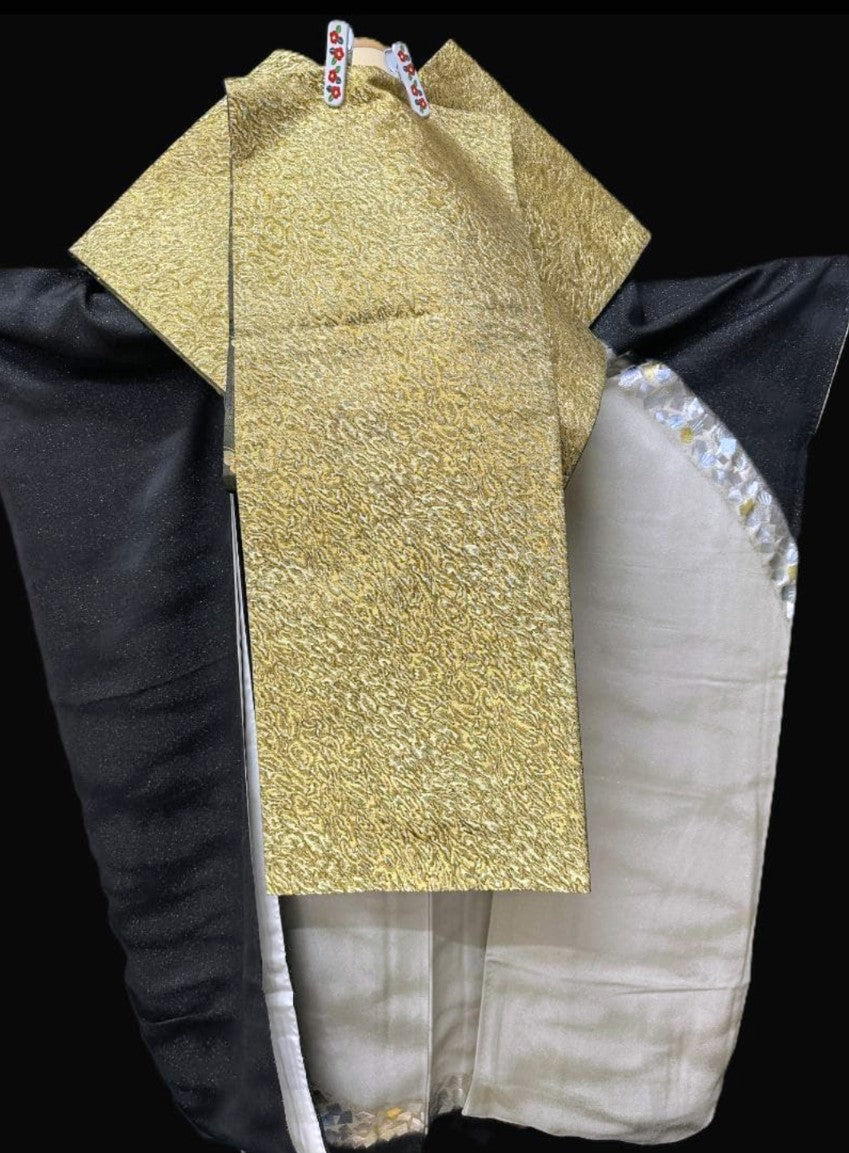 Hori Shohei Furisode Full Set - Champagne Gold & Black with Gold Leaf - Pre-Owned