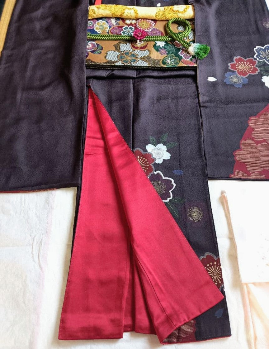 Modern Sakura Furisode Full Set - Navy Purple & Crimson - Authentic Silk - Pre-owned