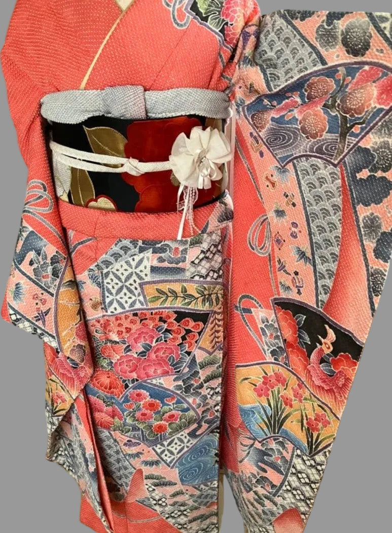 Fujimusume Kinutaya Shibori Furisode & Nishijin Obi Set - Vintage Ceremonial Kimono