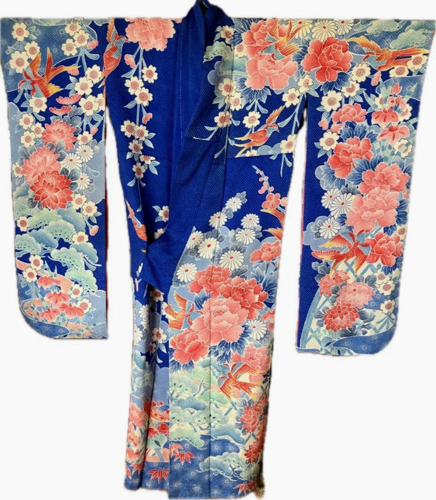 Fujimusume Kinutaya Blue Shibori Furisode & Shosoin Nishijin Obi Set - Vintage Ceremonial Kimono