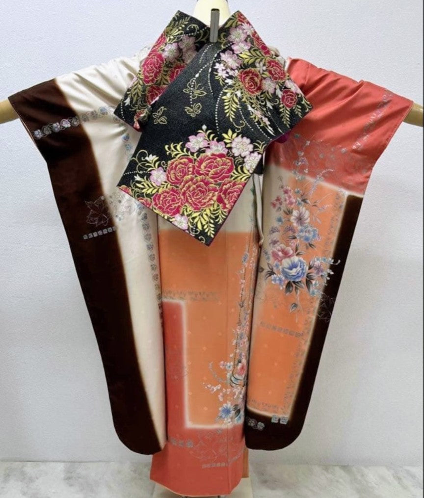 Luxury Furisode Kimono Set with Western Floral Design - Complete Ceremonial Ensemble