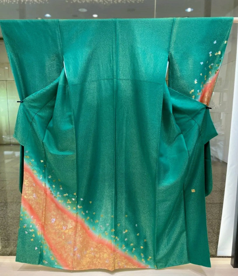 Premium Kyo-Yuzen Furisode by Horishohei - Green Classic Pattern with Tsuzure Obi