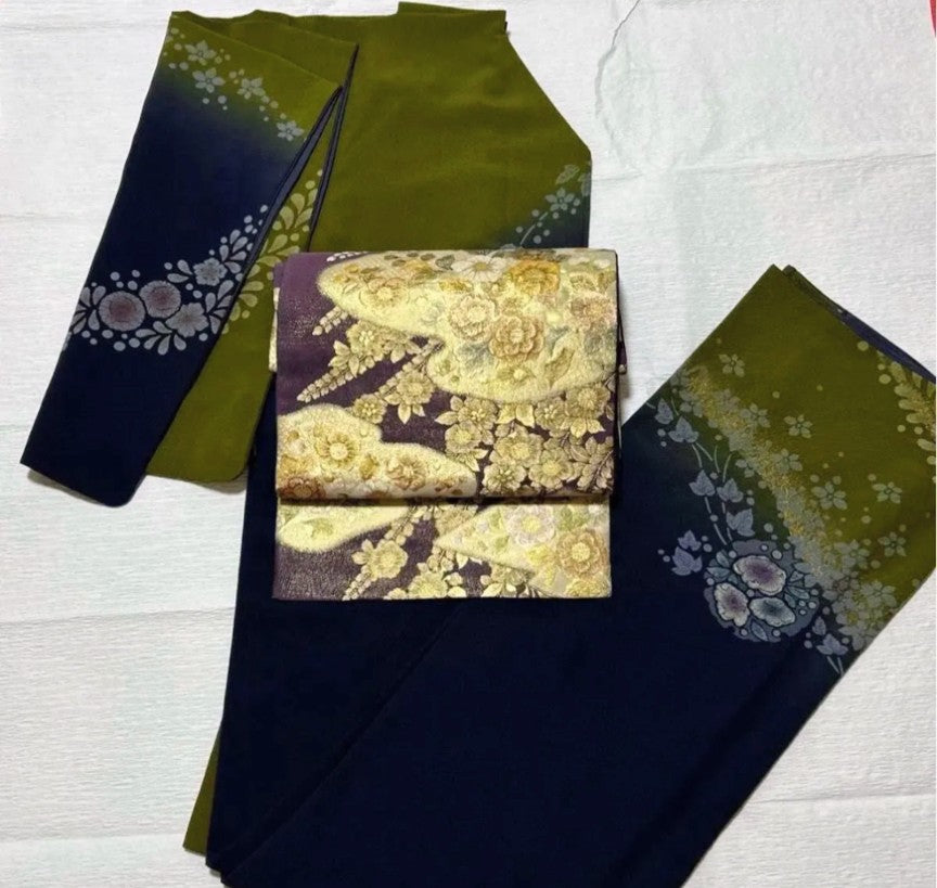 Tsujigahana Houmongi Kimono & Fukuro Obi Set - Authentic Silk - Pre-owned