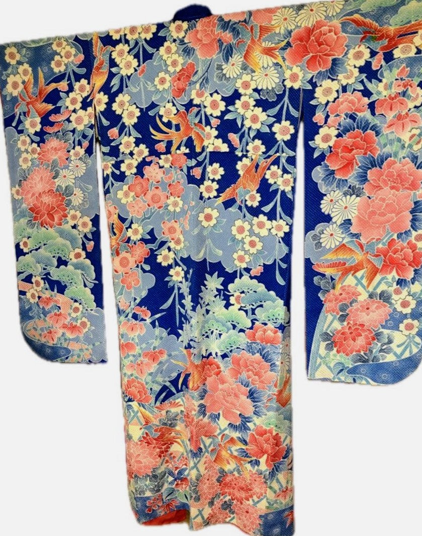 Fujimusume Kinutaya Blue Shibori Furisode & Shosoin Nishijin Obi Set - Vintage Ceremonial Kimono